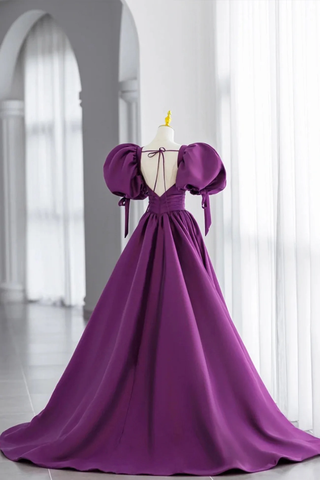 Purple Puff Sleeves Satin Long Prom Dress V-Neck Evening Dress Y856
