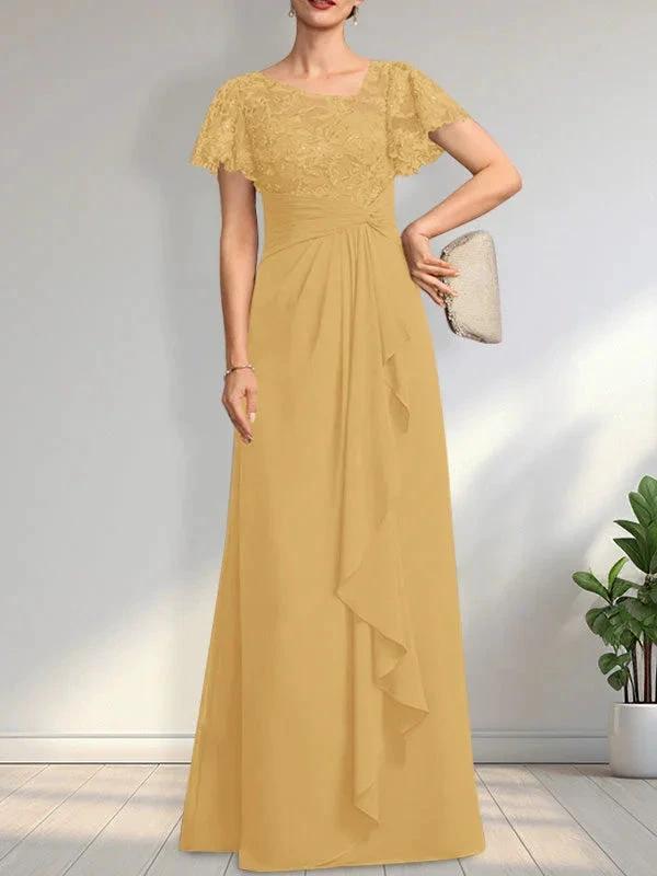 A-line Asymmetrical Illusion Floor-Length Lace Chiffon Mother of the Bride Dress With Cascading Ruffles Sequins by Dreamylily