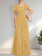 A-line Asymmetrical Illusion Floor-Length Lace Chiffon Mother of the Bride Dress With Cascading Ruffles Sequins by Dreamylily