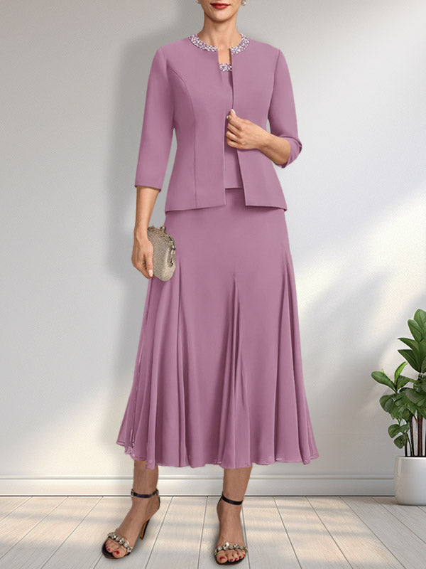 Separates A-line Scoop Tea-Length Chiffon Mother of the Bride Dress With Sequins Beading