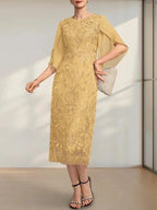 Sheath/Column Scoop Tea-Length Lace Chiffon Mother of the Bride Dress by Dreamylily