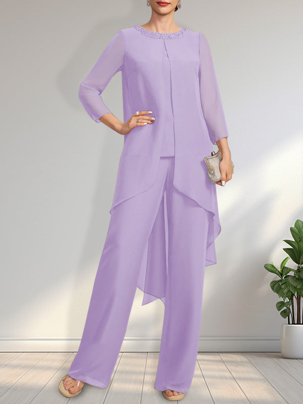 Separates Jumpsuit/Pantsuit Scoop Floor-Length Chiffon Mother of the Bride Dress With Sequins Beading