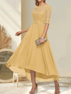 A-line Boat Neck Illusion Asymmetrical Chiffon Lace Mother of the Bride Dress With Sequins Beading by Dreamylily