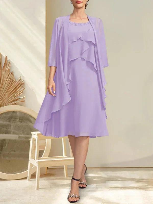 A-line Scoop Knee-Length Chiffon Mother of the Bride Dress With Beading by Dreamylily