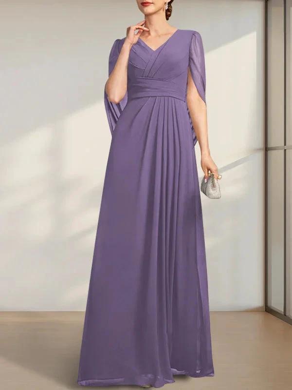 A-line V-Neck Floor-Length Chiffon Mother of the Bride Dress With Pleated by Dreamylily