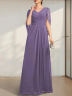 A-line V-Neck Floor-Length Chiffon Mother of the Bride Dress With Pleated by Dreamylily