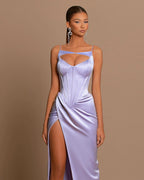 Split Front Sleeveless Prom Dress with Spaghetti Straps and Pleats by BIZTUNNEL