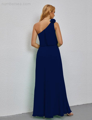 Ruffled One Shoulder Sleeveless Long Bridesmaid Dresses A-line Formal Evening Gown Side Split 28080