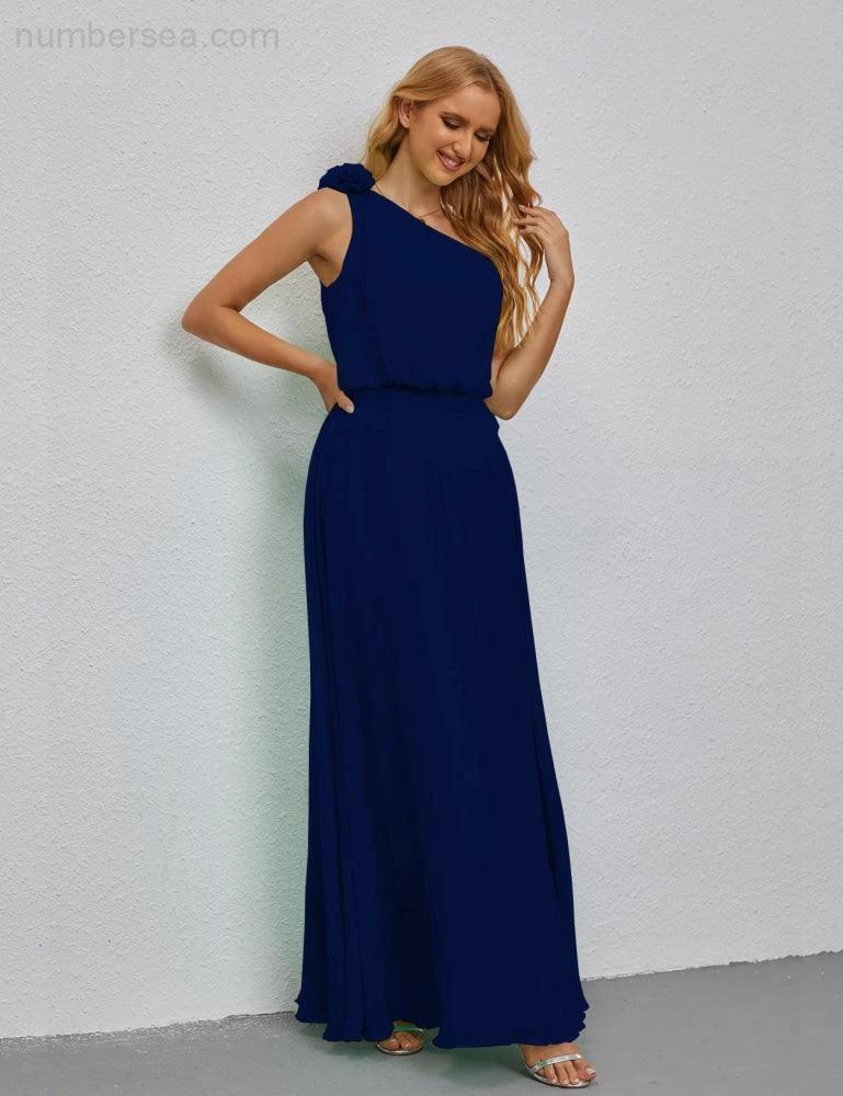 Ruffled One Shoulder Sleeveless Long Bridesmaid Dresses A-line Formal Evening Gown Side Split 28080 by numbersea