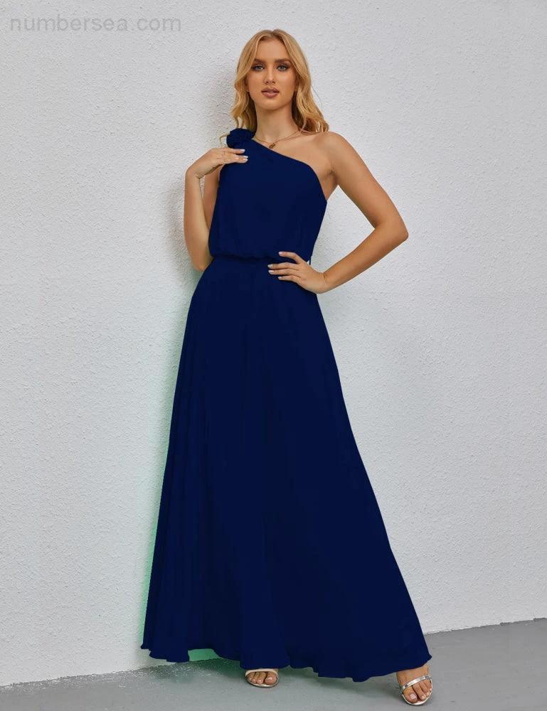 Ruffled One Shoulder Sleeveless Long Bridesmaid Dresses A-line Formal Evening Gown Side Split 28080 by numbersea