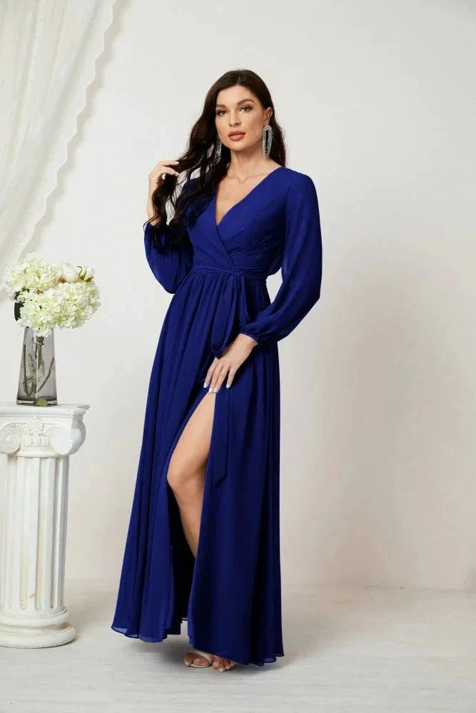 Sunnderly Evening Dresses Deep V-Neck Chiffon Bridesmaid Dresses Long Bishop Sleeve Side Split Formal Dress SY2806 by numbersea