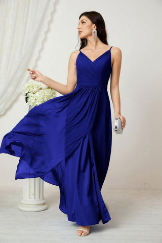 Numbersea Chiffon V-Neck Bridesmaid Dress Spaghetti Strap Long Formal Party Prom Gowns with Slit 28010
