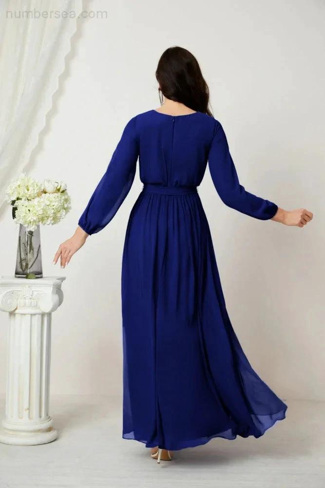 Sunnderly Evening Dresses Deep V-Neck Chiffon Bridesmaid Dresses Long Bishop Sleeve Side Split Formal Dress SY2806 by numbersea