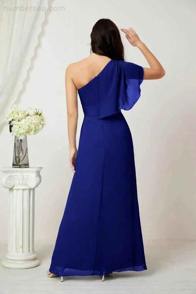 Numbersea Chiffon Ruffled One Shoulder Long Bridesmaid Dresses A-line Formal Evening Gown Side Split 2809 by numbersea