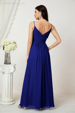 Numbersea Chiffon V-Neck Bridesmaid Dress Spaghetti Strap Long Formal Party Prom Gowns with Slit 28010