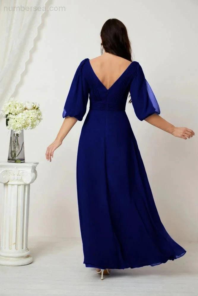 Numbersea Formal Prom Gown Women V-Neck Chiffon Bridesmaid Dresses Long Bishop Sleeve Party Dress 2807 by numbersea