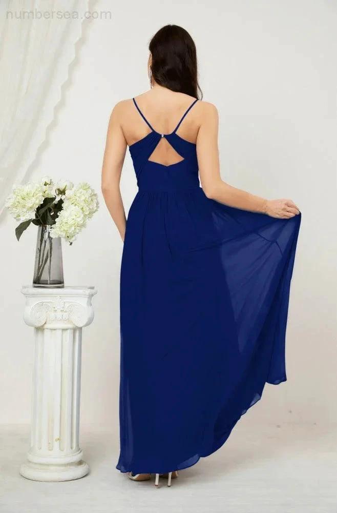 Numbersea Neck Bridesmaid Dresses Chiffon Long Spaghetti A-line Formal Prom Gown for Wedding Party Evening 2801 by numbersea