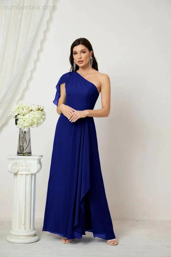 Numbersea Chiffon Ruffled One Shoulder Long Bridesmaid Dresses A-line Formal Evening Gown Side Split 2809 by numbersea