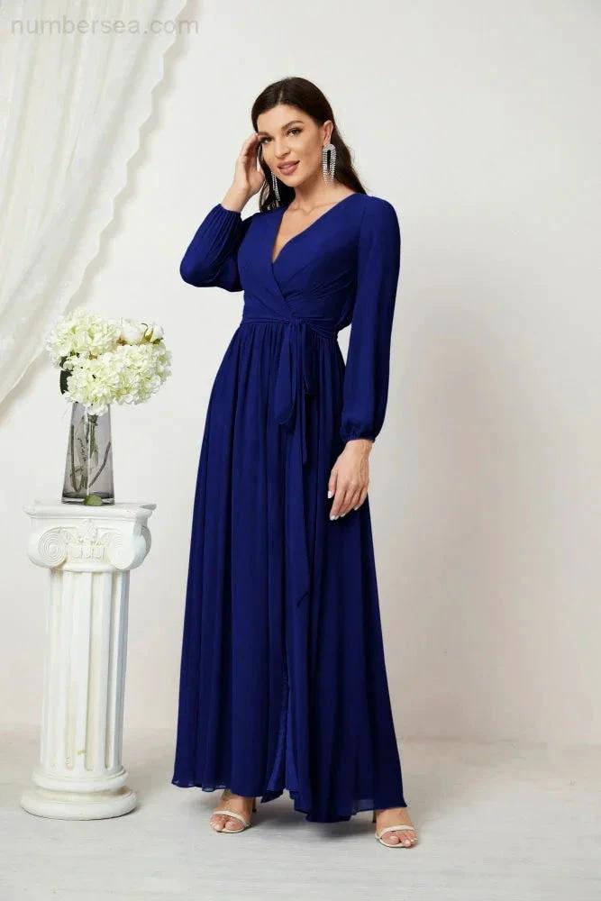 Sunnderly Evening Dresses Deep V-Neck Chiffon Bridesmaid Dresses Long Bishop Sleeve Side Split Formal Dress SY2806 by numbersea