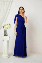 Numbersea Chiffon Ruffled One Shoulder Long Bridesmaid Dresses A-line Formal Evening Gown Side Split 2809 by numbersea