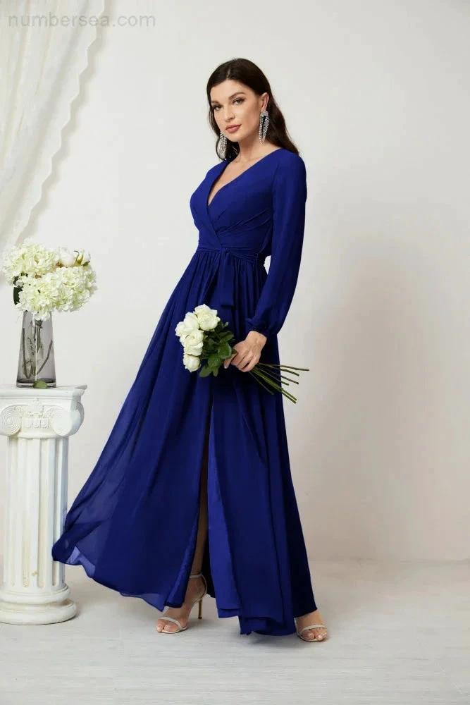 Sunnderly Evening Dresses Deep V-Neck Chiffon Bridesmaid Dresses Long Bishop Sleeve Side Split Formal Dress SY2806 by numbersea
