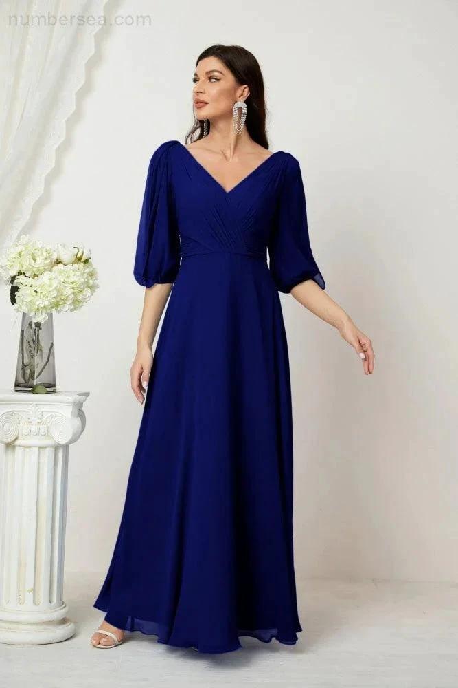 Numbersea Formal Prom Gown Women V-Neck Chiffon Bridesmaid Dresses Long Bishop Sleeve Party Dress 2807 by numbersea
