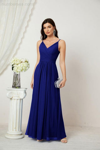Numbersea Chiffon V-Neck Bridesmaid Dress Spaghetti Strap Long Formal Party Prom Gowns with Slit 28010