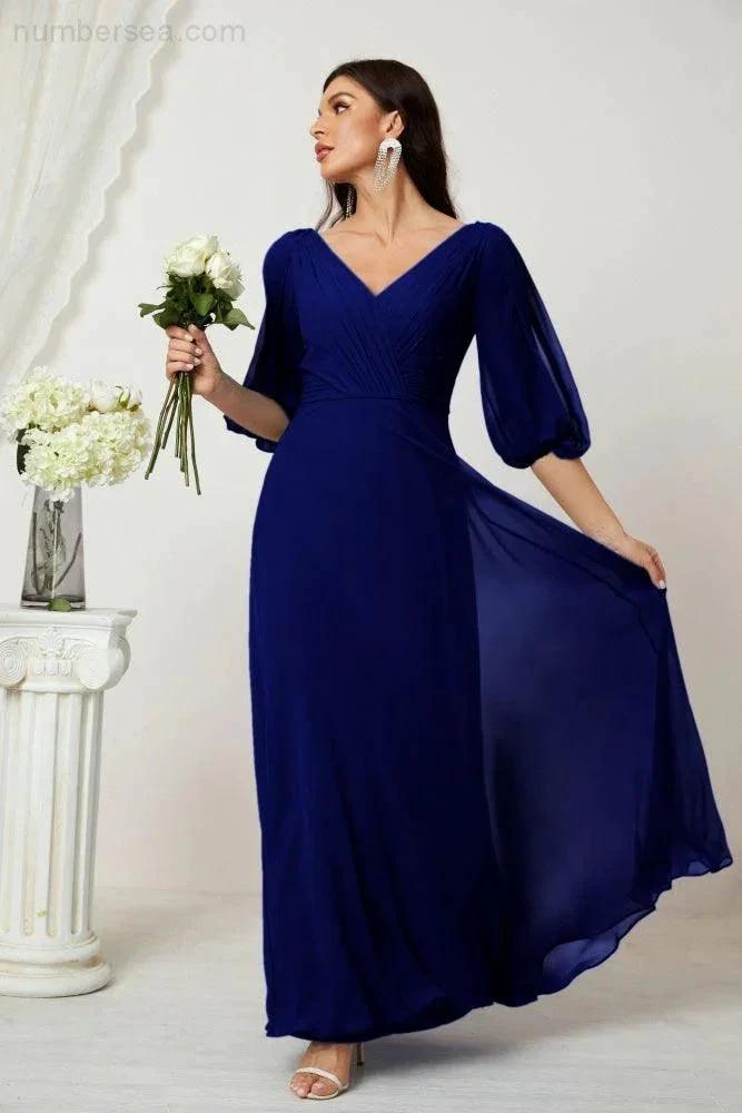 Numbersea Formal Prom Gown Women V-Neck Chiffon Bridesmaid Dresses Long Bishop Sleeve Party Dress 2807 by numbersea