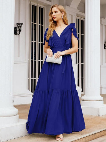 Numbersea Women's Open Back Formal Evening Party Prom Gowns V-Neck Long Chiffon Bridesmaid Dresses with Waist Belt 28038