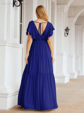 Numbersea Women's Open Back Formal Evening Party Prom Gowns V-Neck Long Chiffon Bridesmaid Dresses with Waist Belt 28038