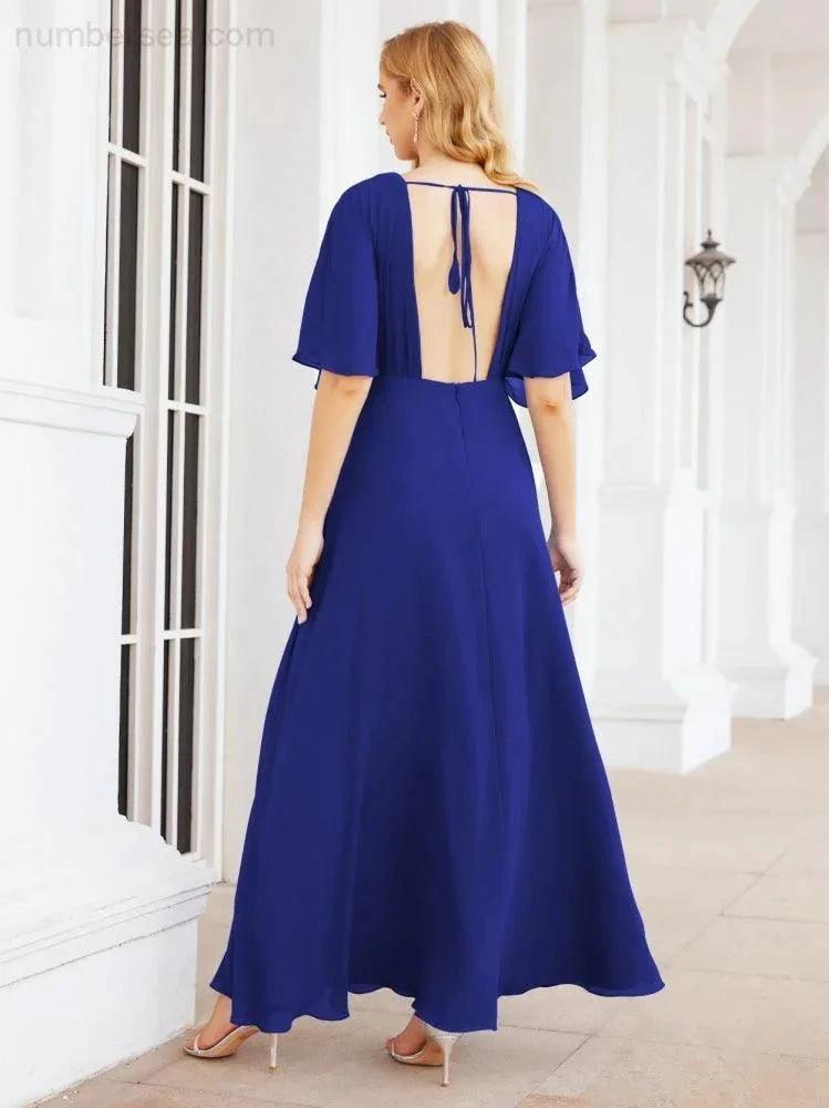 Numbersea V-Neck Bridesmaid Dress Chiffon Long Open Back Formal Dresses for Women Party Evening 28067 by numbersea