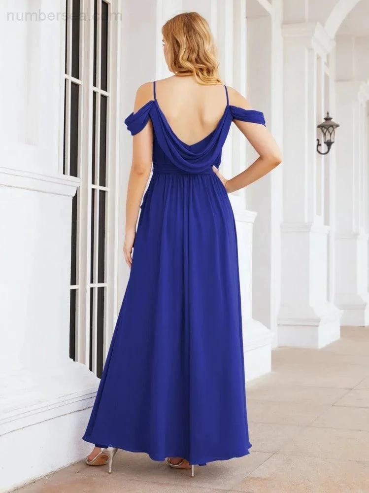Numbersea Off The Shoulder Chiffon Bridesmaid Dress Long Formal Graduation Gown with Cowl Back 28069 by numbersea