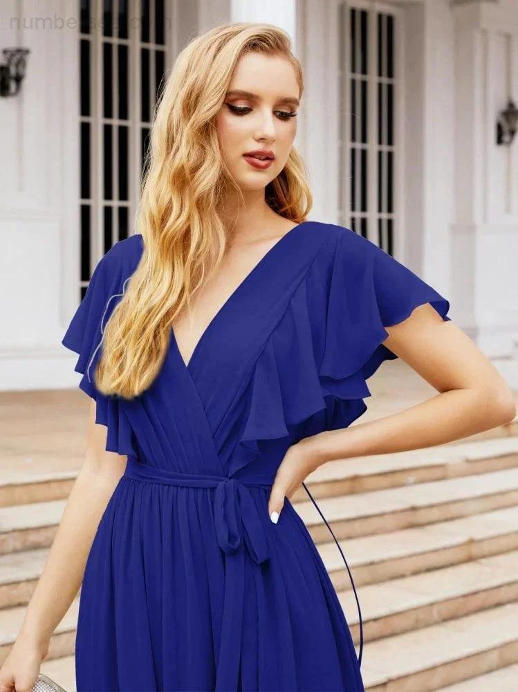Numbersea Women's Open Back Formal Evening Party Prom Gowns V-Neck Long Chiffon Bridesmaid Dresses with Waist Belt 28038 by numbersea