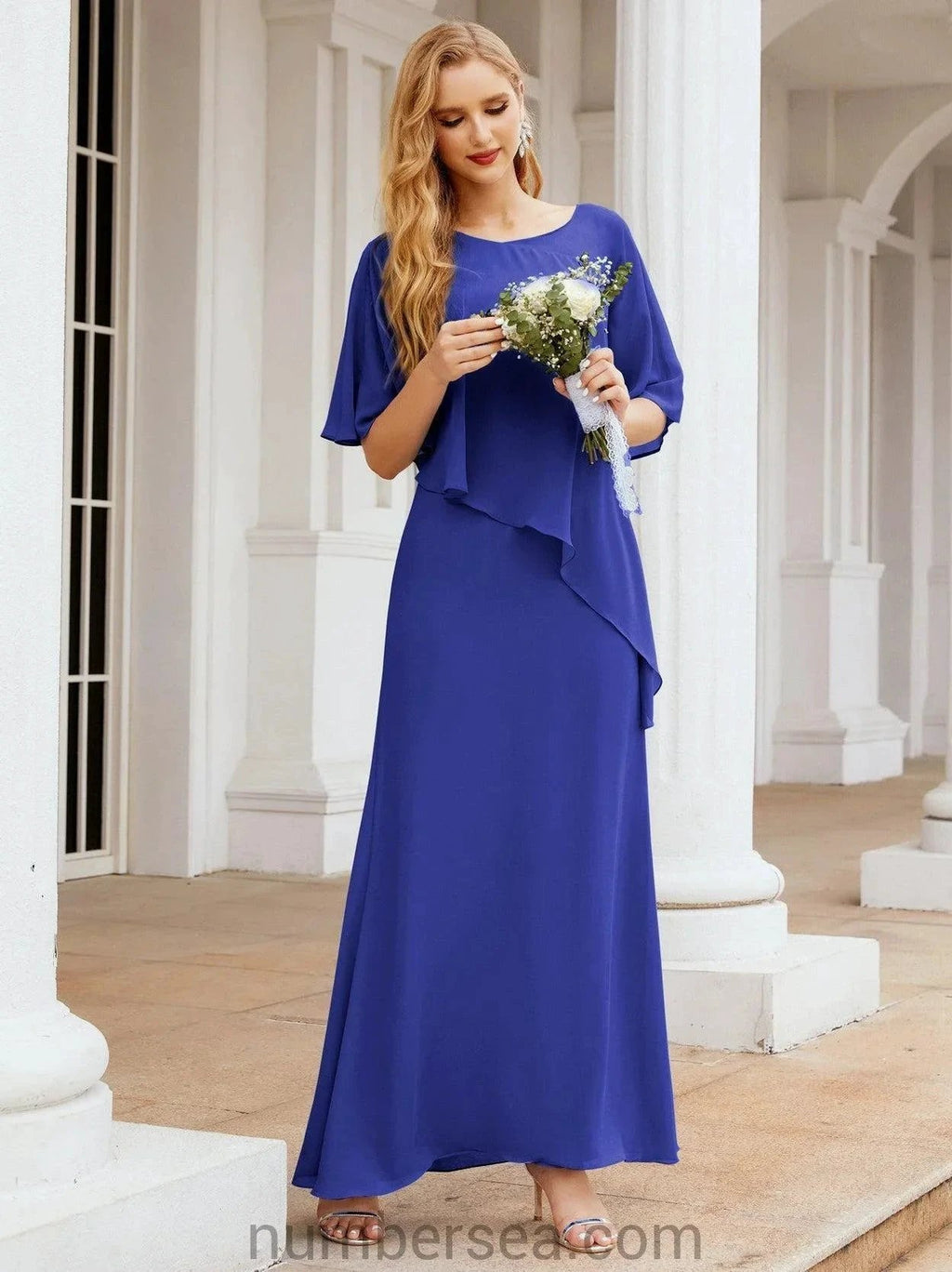 Sunnderly Formal Party Gown Dress Long Mother of The Bride Dresses with Ruffle Cape SY28026 by numbersea