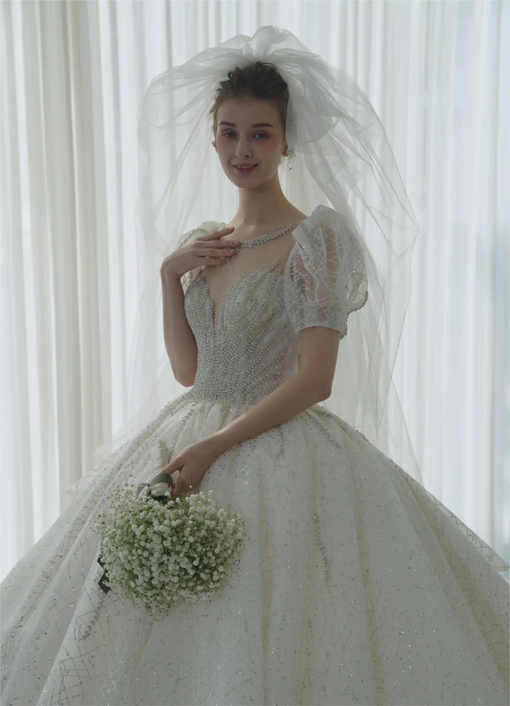 Glittering Ball Gown Deep V-Neck Tulle Wedding Dress with Beaded Embroidery & Puff Sleeves 6021-1 by ZAPDRESS