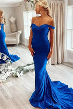 Off The Shoulder Regal Azure Mermaid Prom Gown with Ruffles by BIZTUNNEL