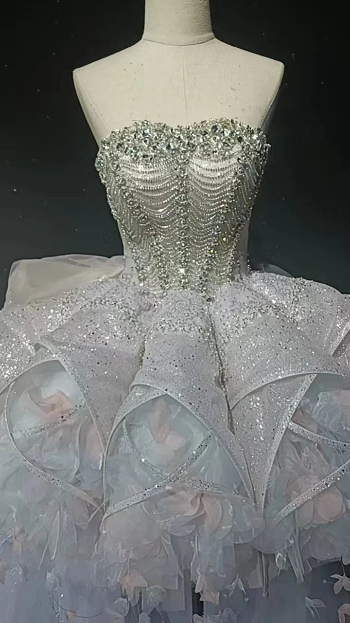 Starry veil feather crystal embellished flower bud dress by ZAPDRESS
