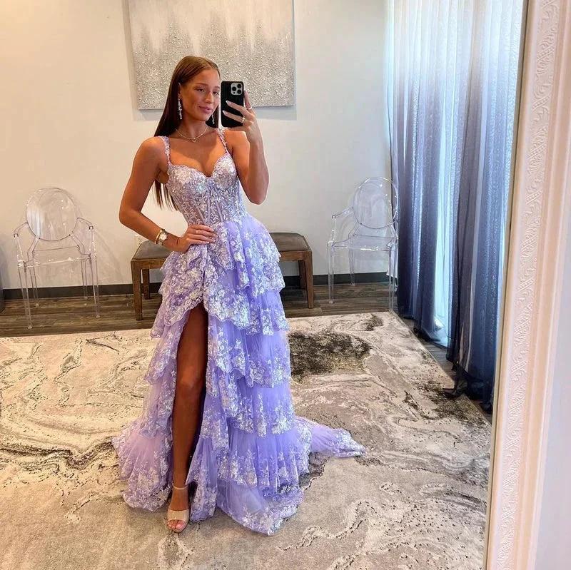 Lavender Princess A Line Off the Shoulder Corset Prom Dress with Lace Ruffles by KissProm