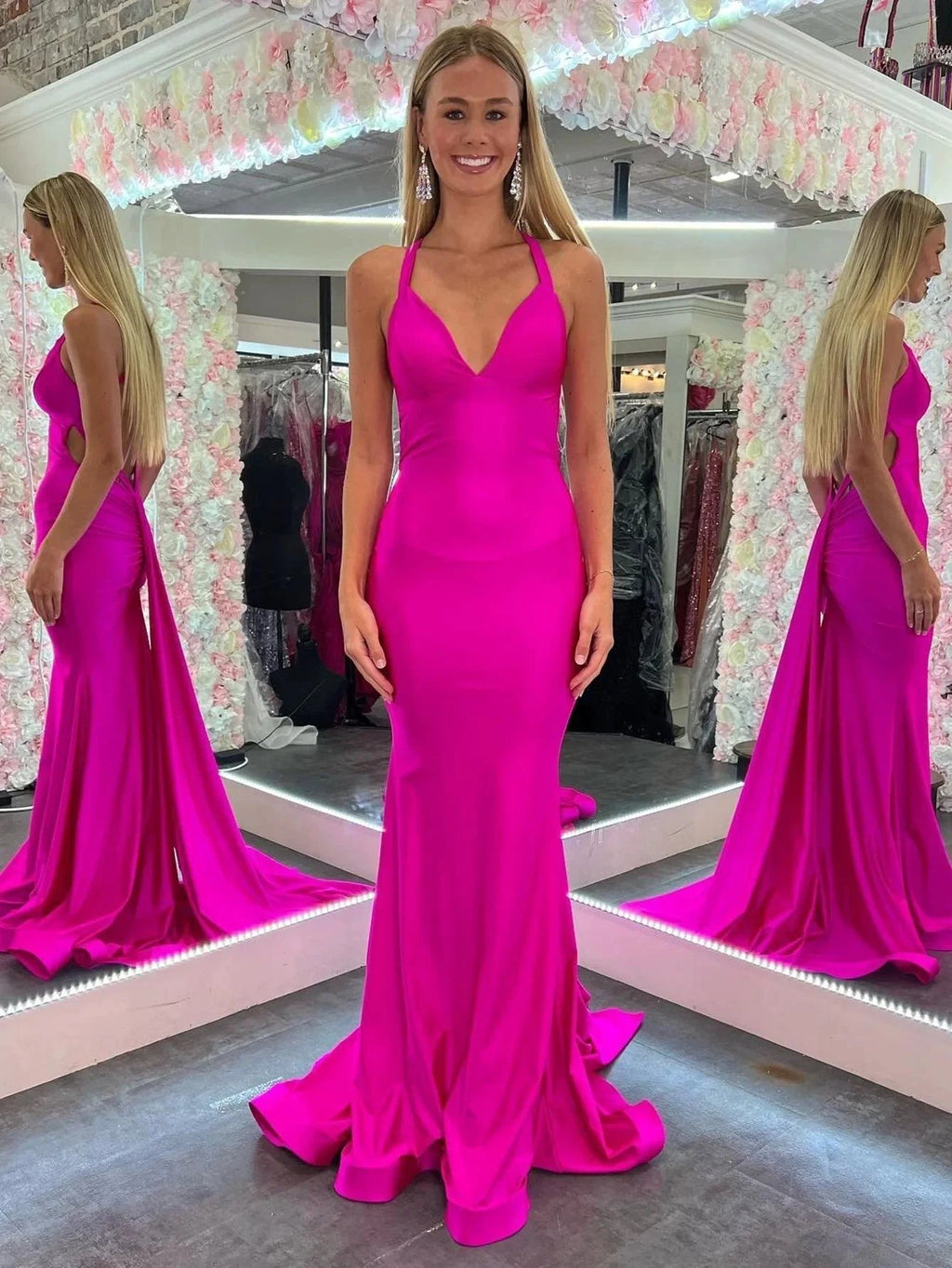 Angela |Mermaid Pink V Neck Backless Satin Long Prom Dress by KissProm