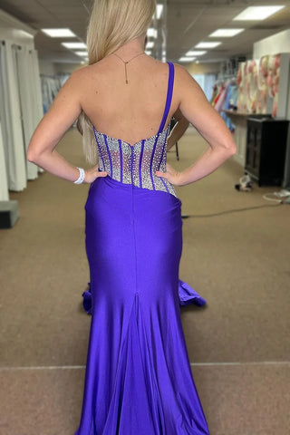 Laylani | Blaues Meerjungfrau-Ballkleid mit einer Schulter und Perlen