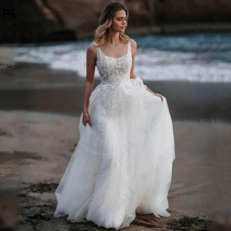 Sleeveless Appliques A-Line Bridal Gowns Backless Square Collar Wedding Dresses Spagehtti Straps Tulle Vestido De Novia by payinti