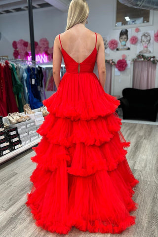 Wrenlee | Vestido de fiesta de tul con escote en V y volantes escalonados