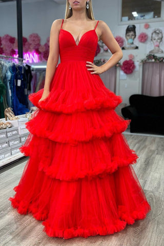 Wrenlee | Vestido de fiesta de tul con escote en V y volantes escalonados