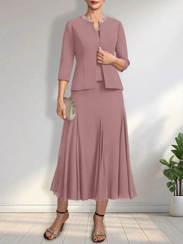 Separates A-line Scoop Tea-Length Chiffon Mother of the Bride Dress With Sequins Beading by Dreamylily