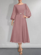A-line Scoop Tea-Length Chiffon Mother of the Bride Dress With Crystal Brooch Pleated by Dreamylily