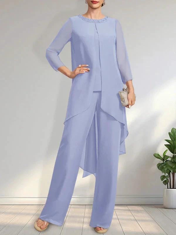 Separates Jumpsuit/Pantsuit Scoop Floor-Length Chiffon Mother of the Bride Dress With Sequins Beading by Dreamylily