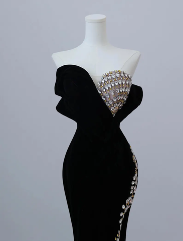 Vestido de noche largo de terciopelo negro con cuentas, vestido de fiesta Y7675