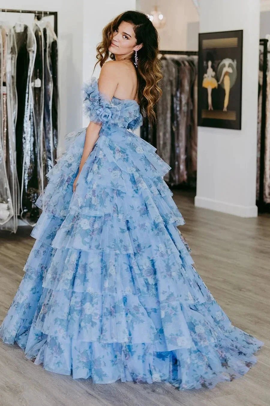 Sigourney | Blue Floral Tiered A-Line Long Prom Dress with Ruffles by KissProm