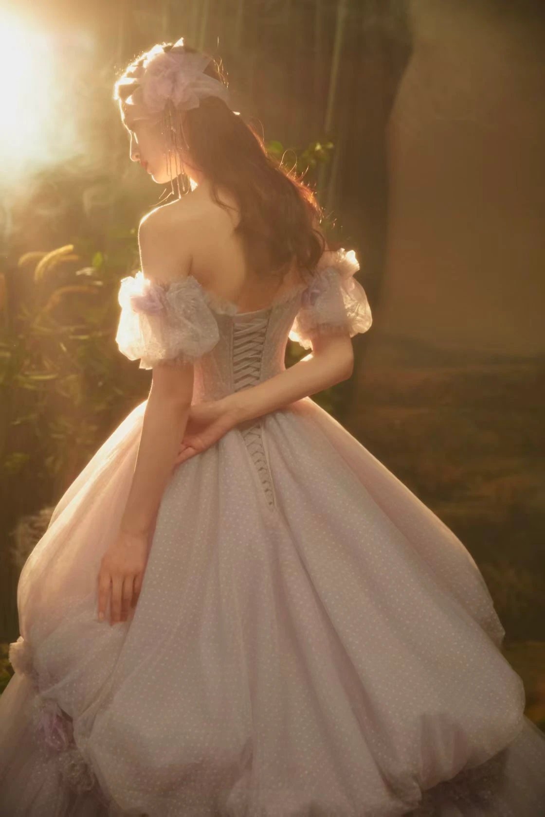 Dreamy Lavender Off-Shoulder Tulle Ball Gown with Puff Sleeves & 3D Floral Accents by ZAPDRESS