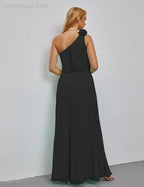 Ruffled One Shoulder Sleeveless Long Bridesmaid Dresses A-line Formal Evening Gown Side Split 28080 by numbersea